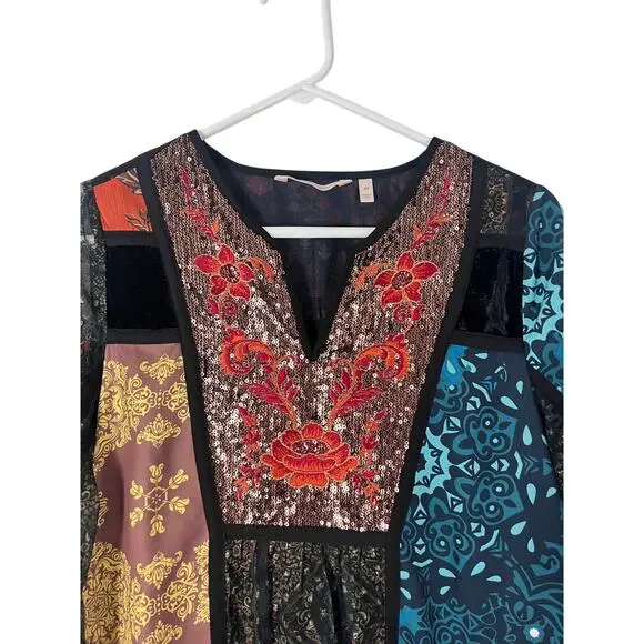 Soft Surroundings Adassa Burnout Velvet Tunic Mini Dress Patchwork Sequin Boho - Picture 5 of 10